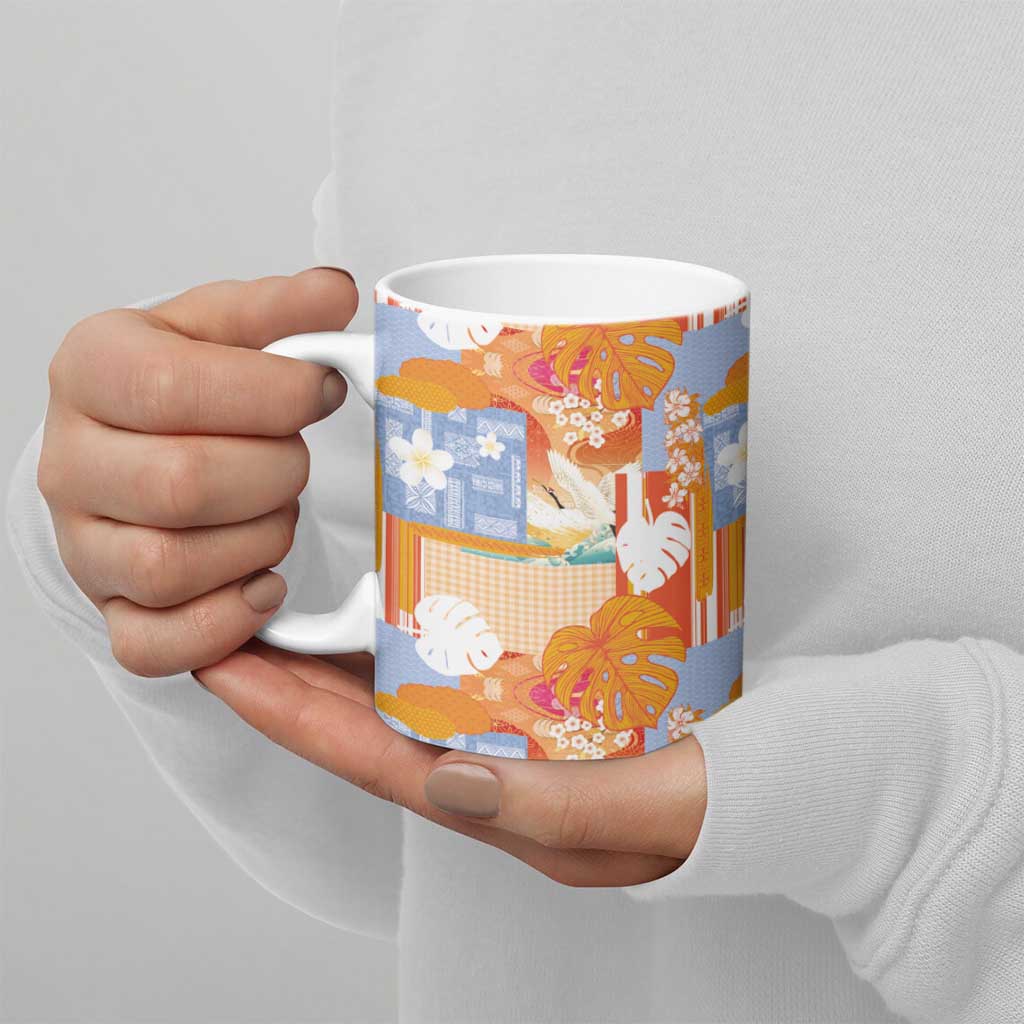 Hawaiian and Japanese Culture Together Ceramic Mug Palaka Japanese Art and Tropical Motif Tribal Patchwork