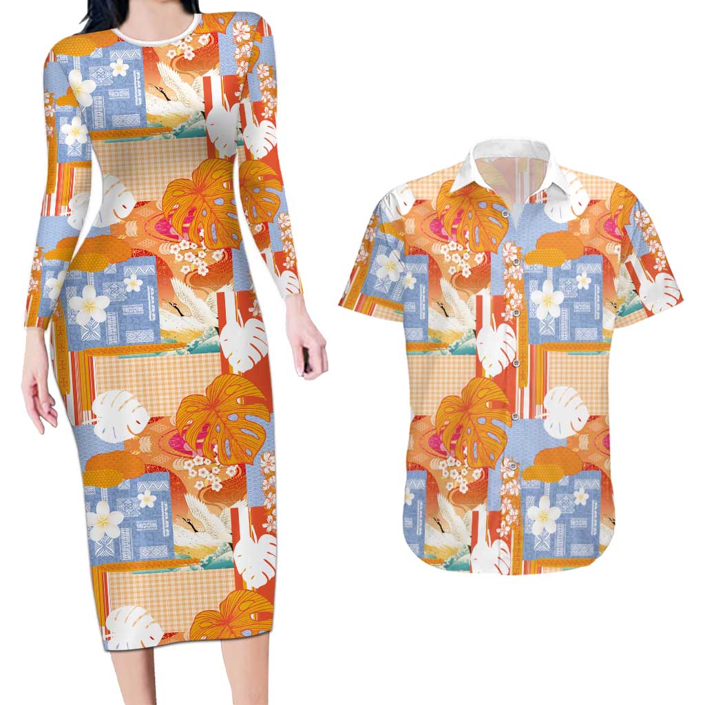 Hawaiian and Japanese Culture Together Couples Matching Long Sleeve Bodycon Dress and Hawaiian Shirt Palaka Japanese Art and Tropical Motif Tribal Patchwork