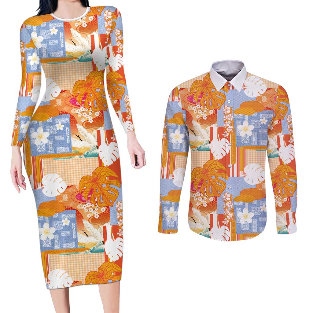 Hawaiian and Japanese Culture Together Couples Matching Long Sleeve Bodycon Dress and Long Sleeve Button Shirt Palaka Japanese Art and Tropical Motif Tribal Patchwork LT03 Multicolor - Polynesian Pride