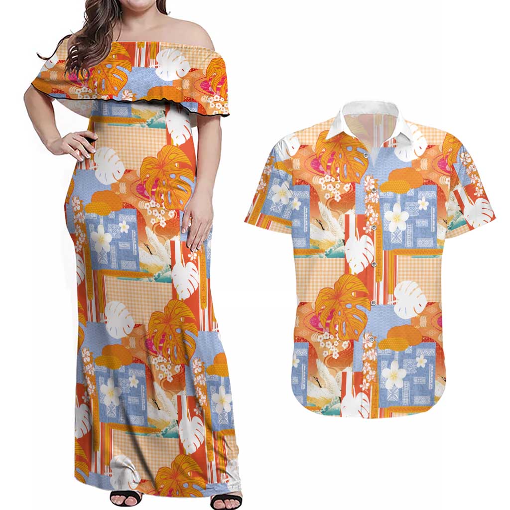 Hawaiian and Japanese Culture Together Couples Matching Off Shoulder Maxi Dress and Hawaiian Shirt Palaka Japanese Art and Tropical Motif Tribal Patchwork LT03 Multicolor - Polynesian Pride