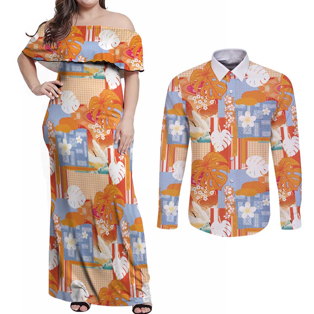 Hawaiian and Japanese Culture Together Couples Matching Off Shoulder Maxi Dress and Long Sleeve Button Shirt Palaka Japanese Art and Tropical Motif Tribal Patchwork LT03 Multicolor - Polynesian Pride