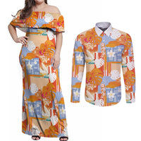 Hawaiian and Japanese Culture Together Couples Matching Off Shoulder Maxi Dress and Long Sleeve Button Shirt Palaka Japanese Art and Tropical Motif Tribal Patchwork LT03 Multicolor - Polynesian Pride
