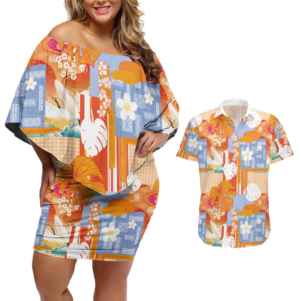 Hawaiian and Japanese Culture Together Couples Matching Off Shoulder Short Dress and Hawaiian Shirt Palaka Japanese Art and Tropical Motif Tribal Patchwork