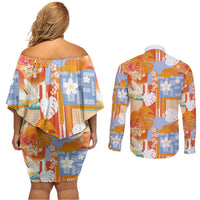 Hawaiian and Japanese Culture Together Couples Matching Off Shoulder Short Dress and Long Sleeve Button Shirt Palaka Japanese Art and Tropical Motif Tribal Patchwork LT03 - Polynesian Pride