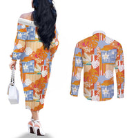 Hawaiian and Japanese Culture Together Couples Matching Off The Shoulder Long Sleeve Dress and Long Sleeve Button Shirt Palaka Japanese Art and Tropical Motif Tribal Patchwork LT03 - Polynesian Pride
