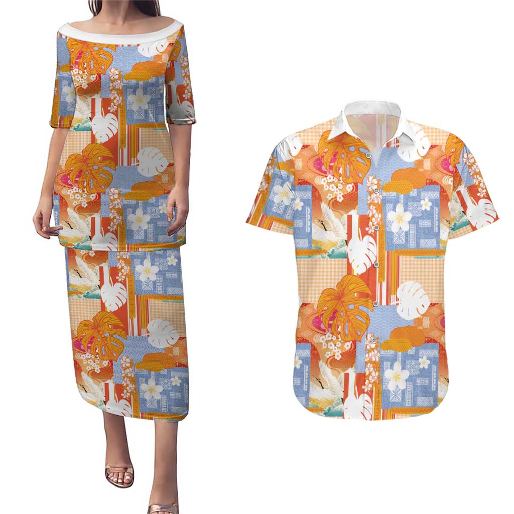 Hawaiian and Japanese Culture Together Couples Matching Puletasi and Hawaiian Shirt Palaka Japanese Art and Tropical Motif Tribal Patchwork
