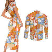 Hawaiian and Japanese Culture Together Couples Matching Short Sleeve Bodycon Dress and Long Sleeve Button Shirt Palaka Japanese Art and Tropical Motif Tribal Patchwork LT03 - Polynesian Pride