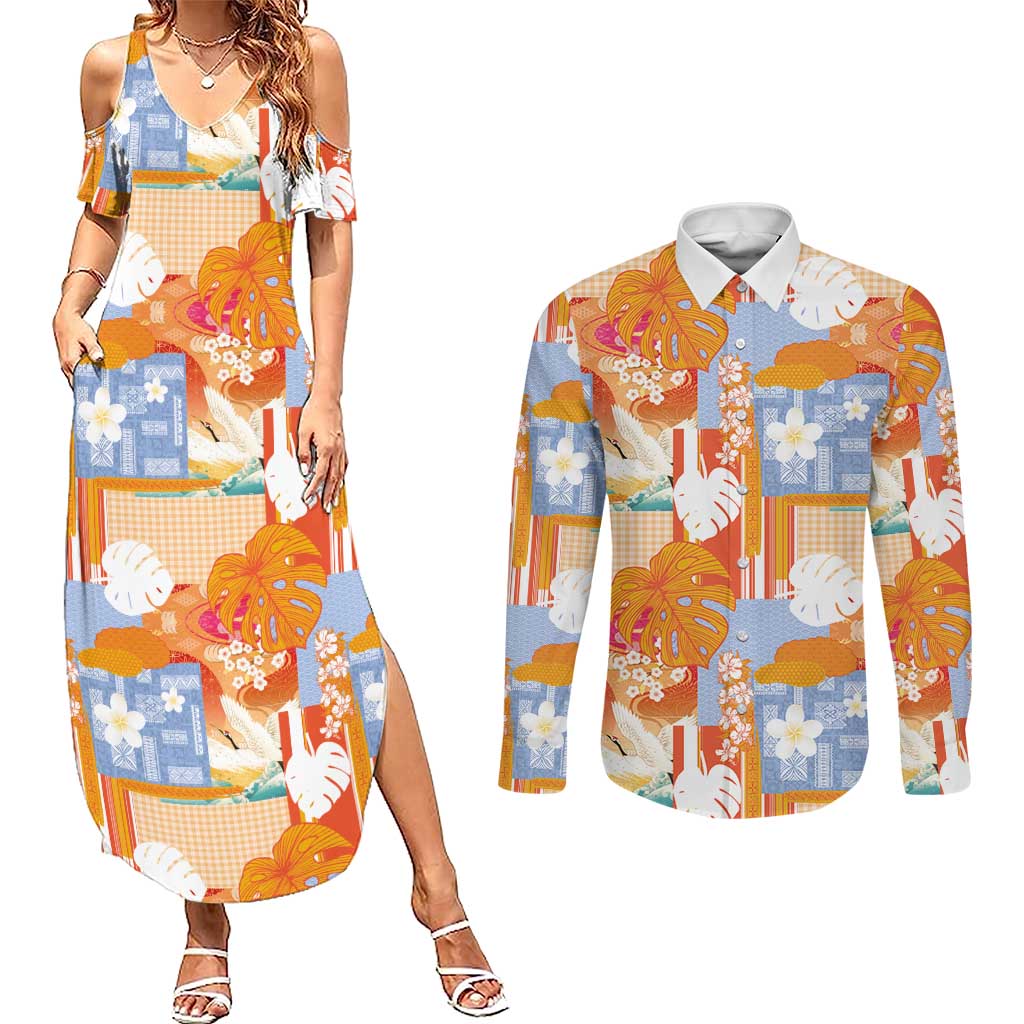 Hawaiian and Japanese Culture Together Couples Matching Summer Maxi Dress and Long Sleeve Button Shirt Palaka Japanese Art and Tropical Motif Tribal Patchwork LT03 Multicolor - Polynesian Pride