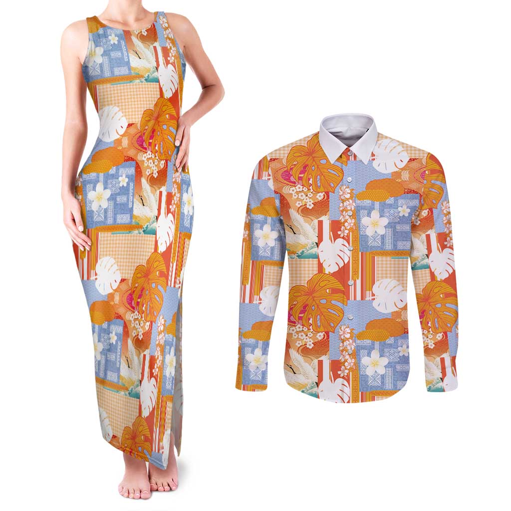 Hawaiian and Japanese Culture Together Couples Matching Tank Maxi Dress and Long Sleeve Button Shirt Palaka Japanese Art and Tropical Motif Tribal Patchwork LT03 Multicolor - Polynesian Pride