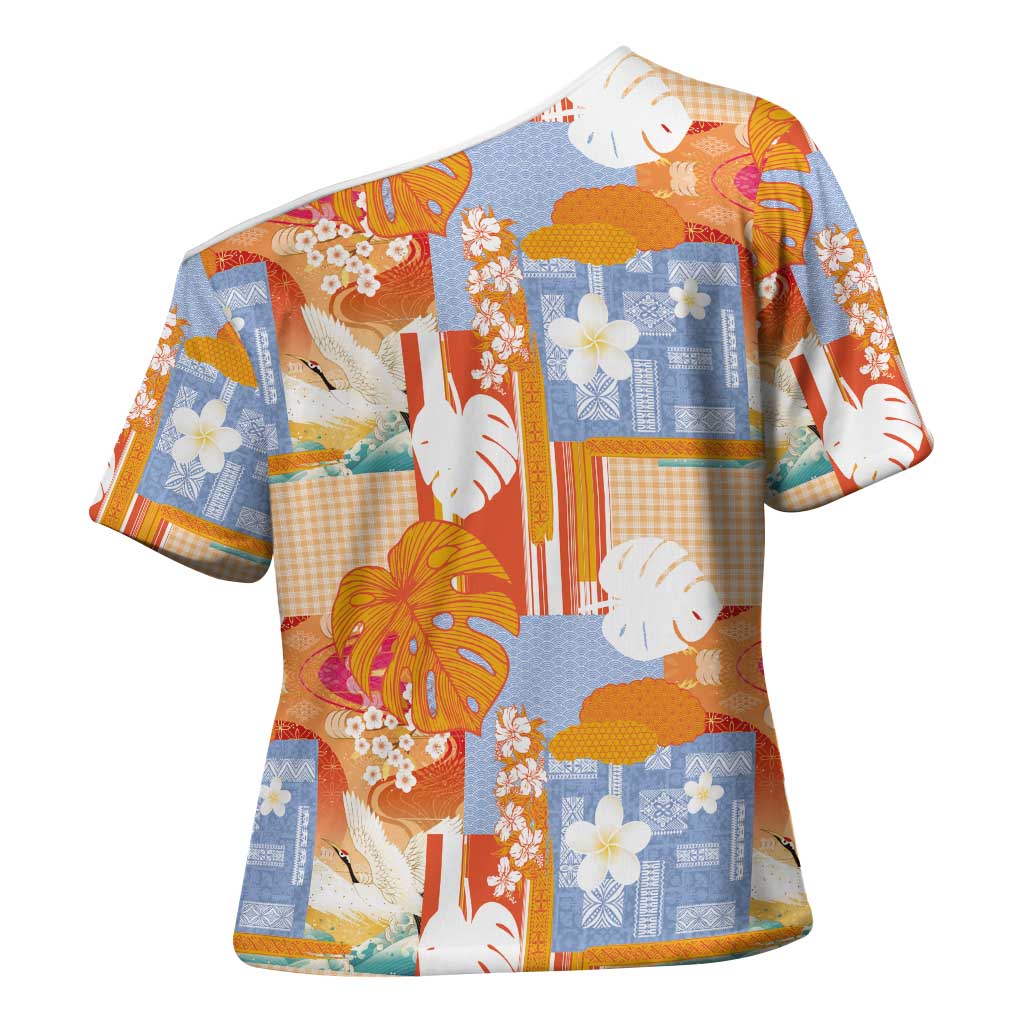 Hawaiian and Japanese Culture Together Cross Shoulder Shirt Palaka Japanese Art and Tropical Motif Tribal Patchwork