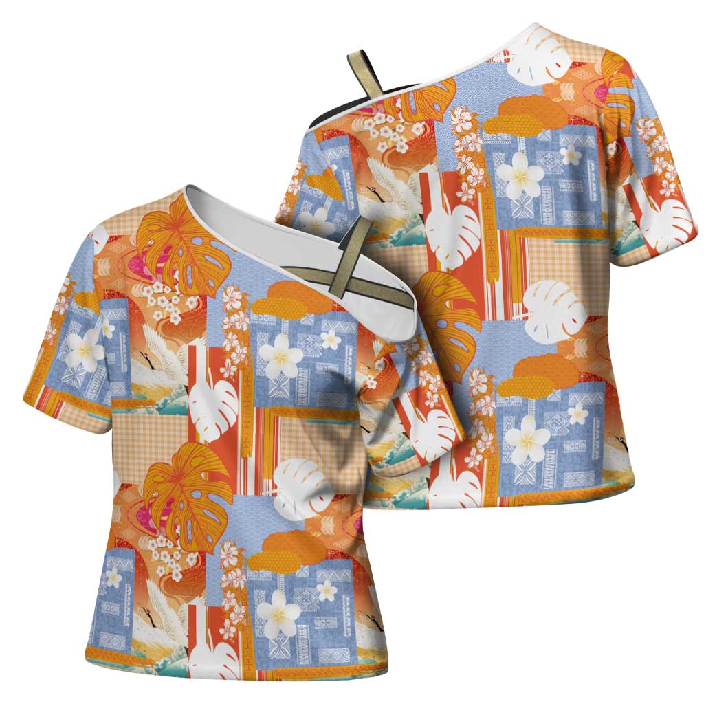 Hawaiian and Japanese Culture Together Cross Shoulder Shirt Palaka Japanese Art and Tropical Motif Tribal Patchwork