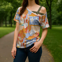 Hawaiian and Japanese Culture Together Cross Shoulder Shirt Palaka Japanese Art and Tropical Motif Tribal Patchwork