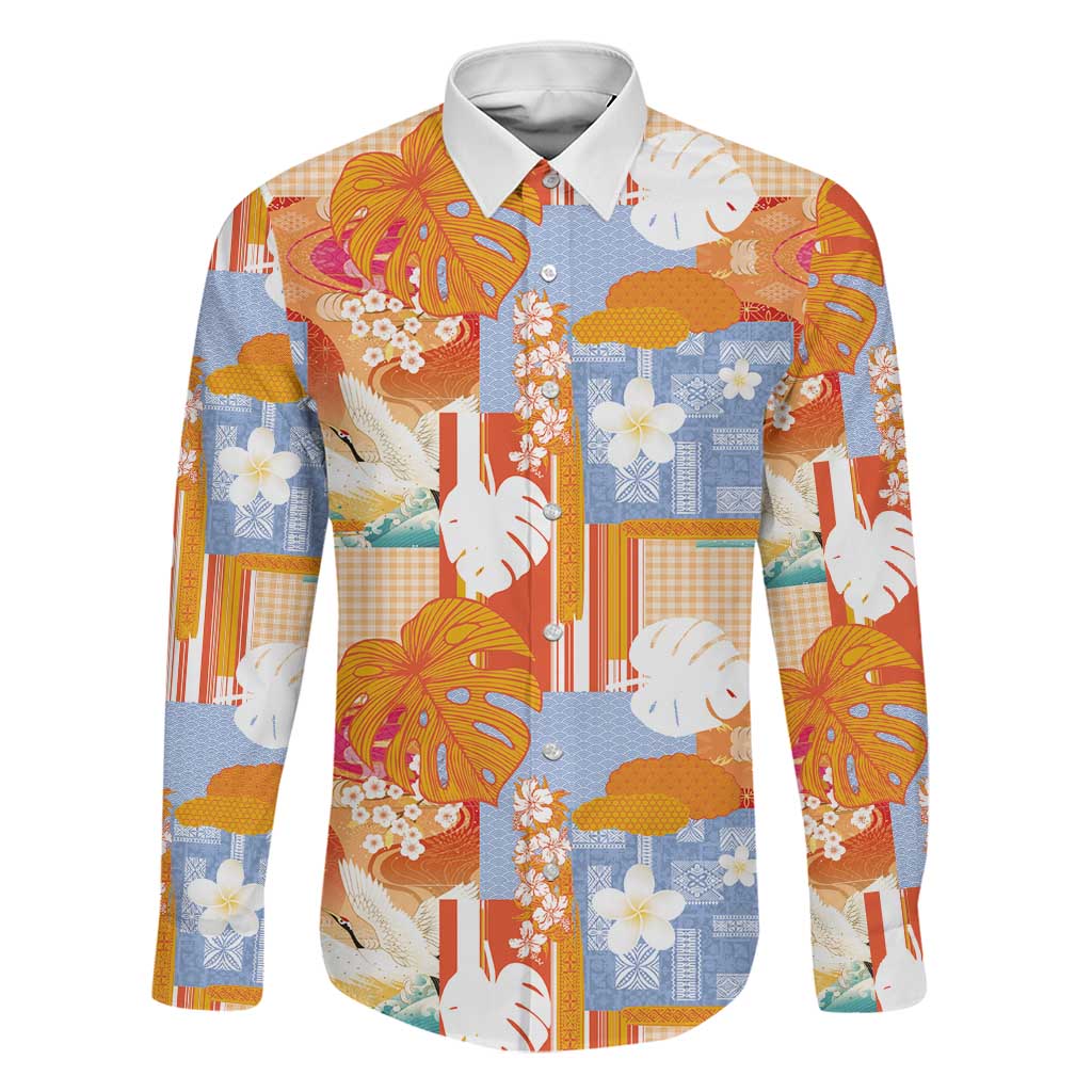 Hawaiian and Japanese Culture Together Family Matching Long Sleeve Bodycon Dress and Hawaiian Shirt Palaka Japanese Art and Tropical Motif Tribal Patchwork LT03 Dad's Shirt - Long Sleeve Multicolor - Polynesian Pride