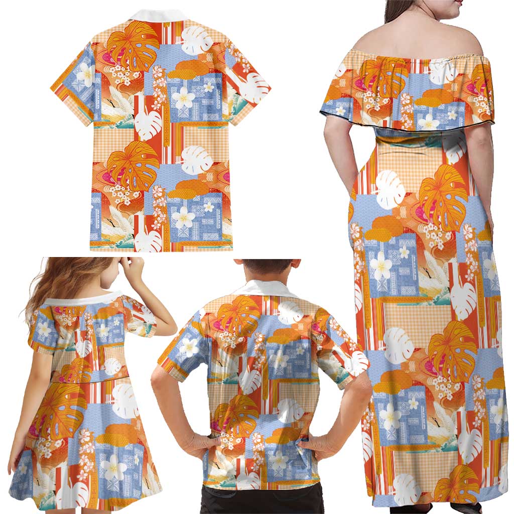 Hawaiian and Japanese Culture Together Family Matching Off Shoulder Maxi Dress and Hawaiian Shirt Palaka Japanese Art and Tropical Motif Tribal Patchwork LT03 - Polynesian Pride