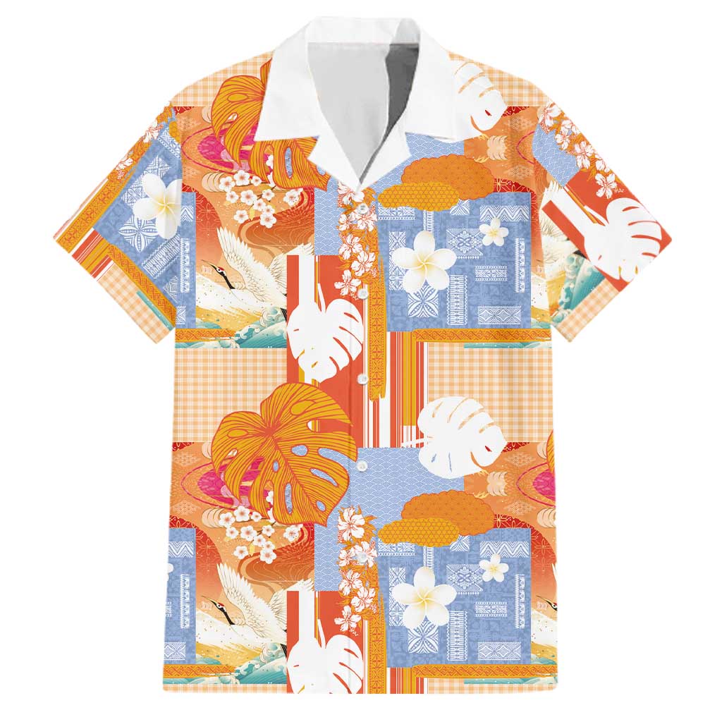 Hawaiian and Japanese Culture Together Family Matching Off Shoulder Maxi Dress and Hawaiian Shirt Palaka Japanese Art and Tropical Motif Tribal Patchwork LT03 Dad's Shirt - Short Sleeve Multicolor - Polynesian Pride