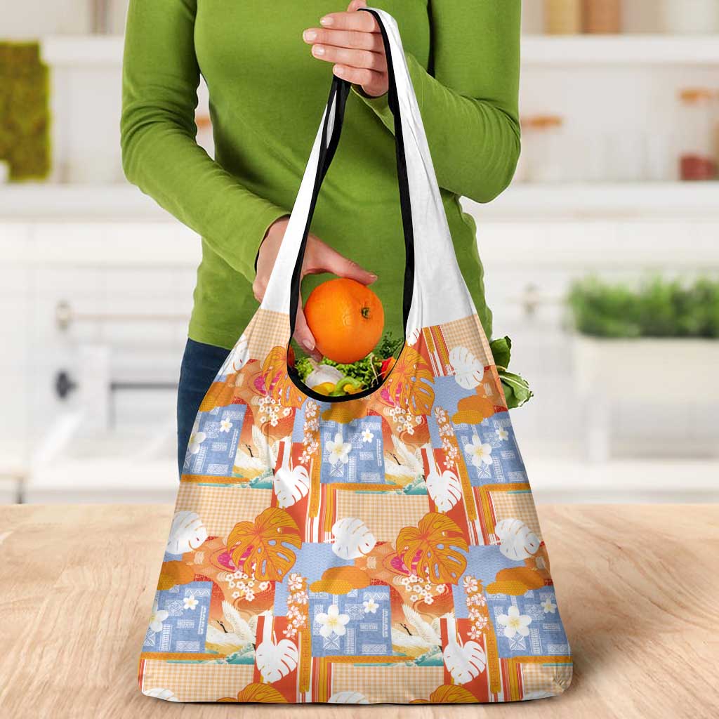 Hawaiian and Japanese Culture Together Grocery Bag Palaka Japanese Art and Tropical Motif Tribal Patchwork LT03 - Polynesian Pride