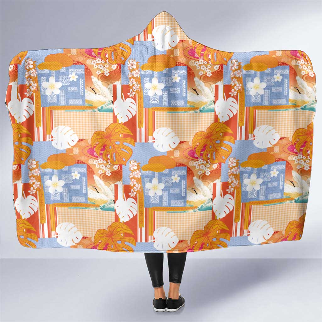 Hawaiian and Japanese Culture Together Hooded Blanket Palaka Japanese Art and Tropical Motif Tribal Patchwork