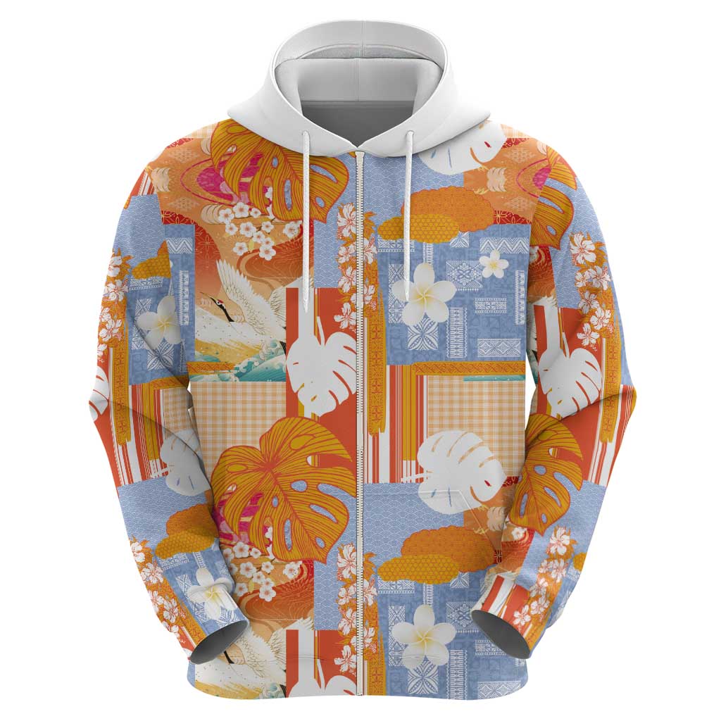 Hawaiian and Japanese Culture Together Hoodie Palaka Japanese Art and Tropical Motif Tribal Patchwork LT03 - Polynesian Pride