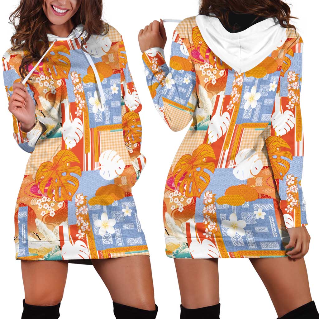 Hawaiian and Japanese Culture Together Hoodie Dress Palaka Japanese Art and Tropical Motif Tribal Patchwork LT03 - Polynesian Pride