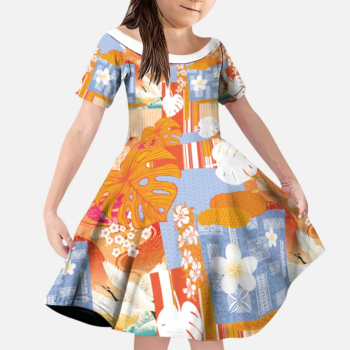 Hawaiian and Japanese Culture Together Kid Short Sleeve Dress Palaka Japanese Art and Tropical Motif Tribal Patchwork