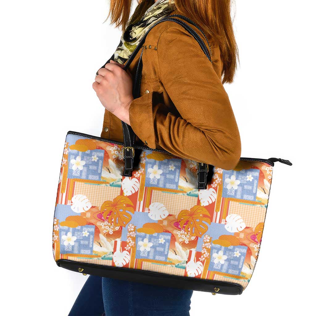 Hawaiian and Japanese Culture Together Leather Tote Bag Palaka Japanese Art and Tropical Motif Tribal Patchwork
