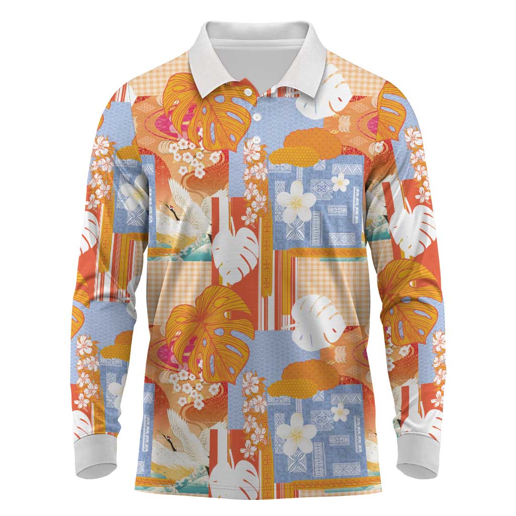 Hawaiian and Japanese Culture Together Long Sleeve Polo Shirt Palaka Japanese Art and Tropical Motif Tribal Patchwork