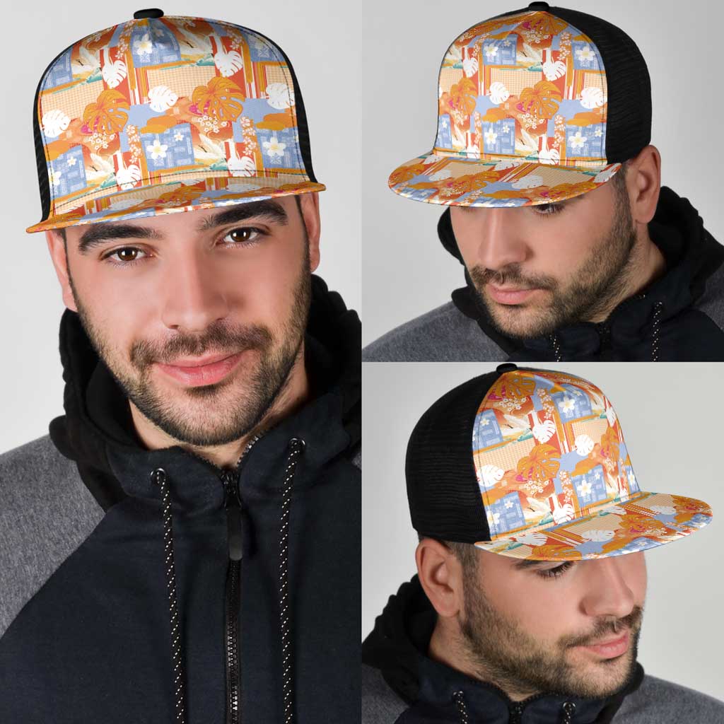 Hawaiian and Japanese Culture Together Mesh Trucker Cap Palaka Japanese Art and Tropical Motif Tribal Patchwork