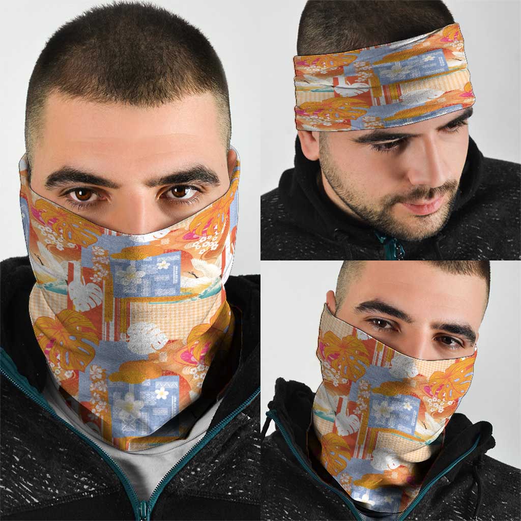 Hawaiian and Japanese Culture Together Neck Gaiter Palaka Japanese Art and Tropical Motif Tribal Patchwork LT03 - Polynesian Pride