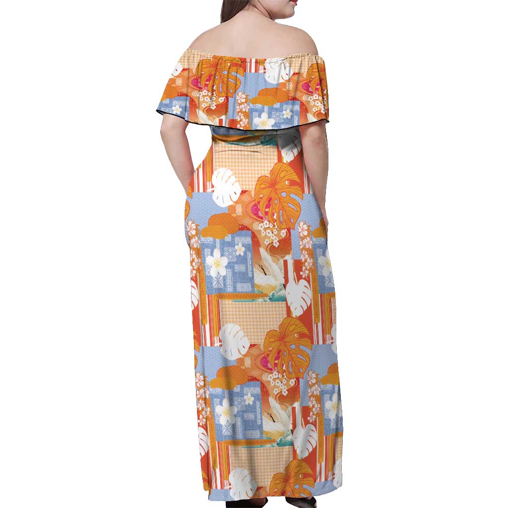Hawaiian and Japanese Culture Together Off Shoulder Maxi Dress Palaka Japanese Art and Tropical Motif Tribal Patchwork LT03 - Polynesian Pride