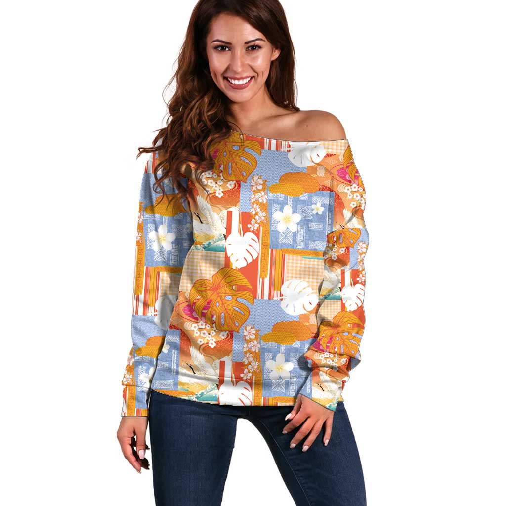 Hawaiian and Japanese Culture Together Off Shoulder Sweater Palaka Japanese Art and Tropical Motif Tribal Patchwork