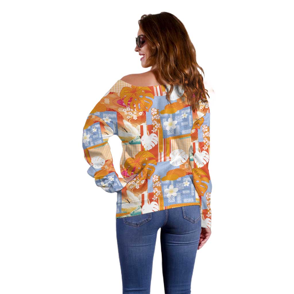 Hawaiian and Japanese Culture Together Off Shoulder Sweater Palaka Japanese Art and Tropical Motif Tribal Patchwork LT03 - Polynesian Pride