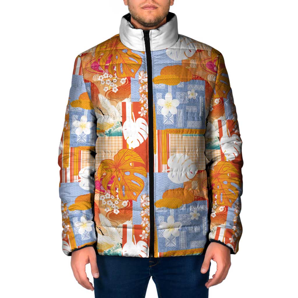 Hawaiian and Japanese Culture Together Padded Jacket Palaka Japanese Art and Tropical Motif Tribal Patchwork