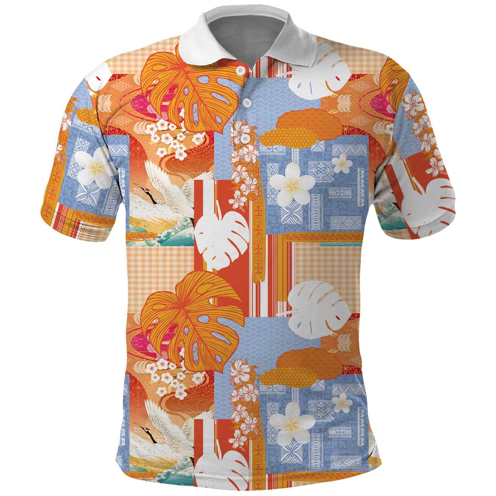 Hawaiian and Japanese Culture Together Polo Shirt Palaka Japanese Art and Tropical Motif Tribal Patchwork
