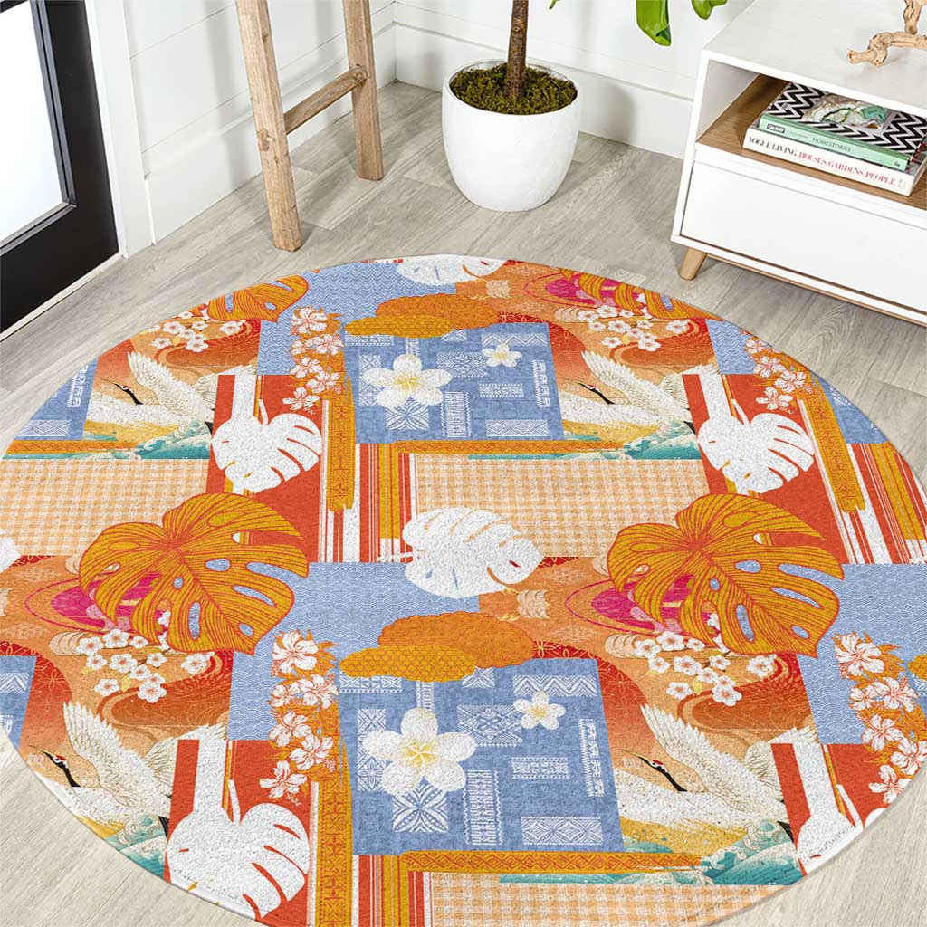 Hawaiian and Japanese Culture Together Round Carpet Palaka Japanese Art and Tropical Motif Tribal Patchwork LT03 Multicolor - Polynesian Pride