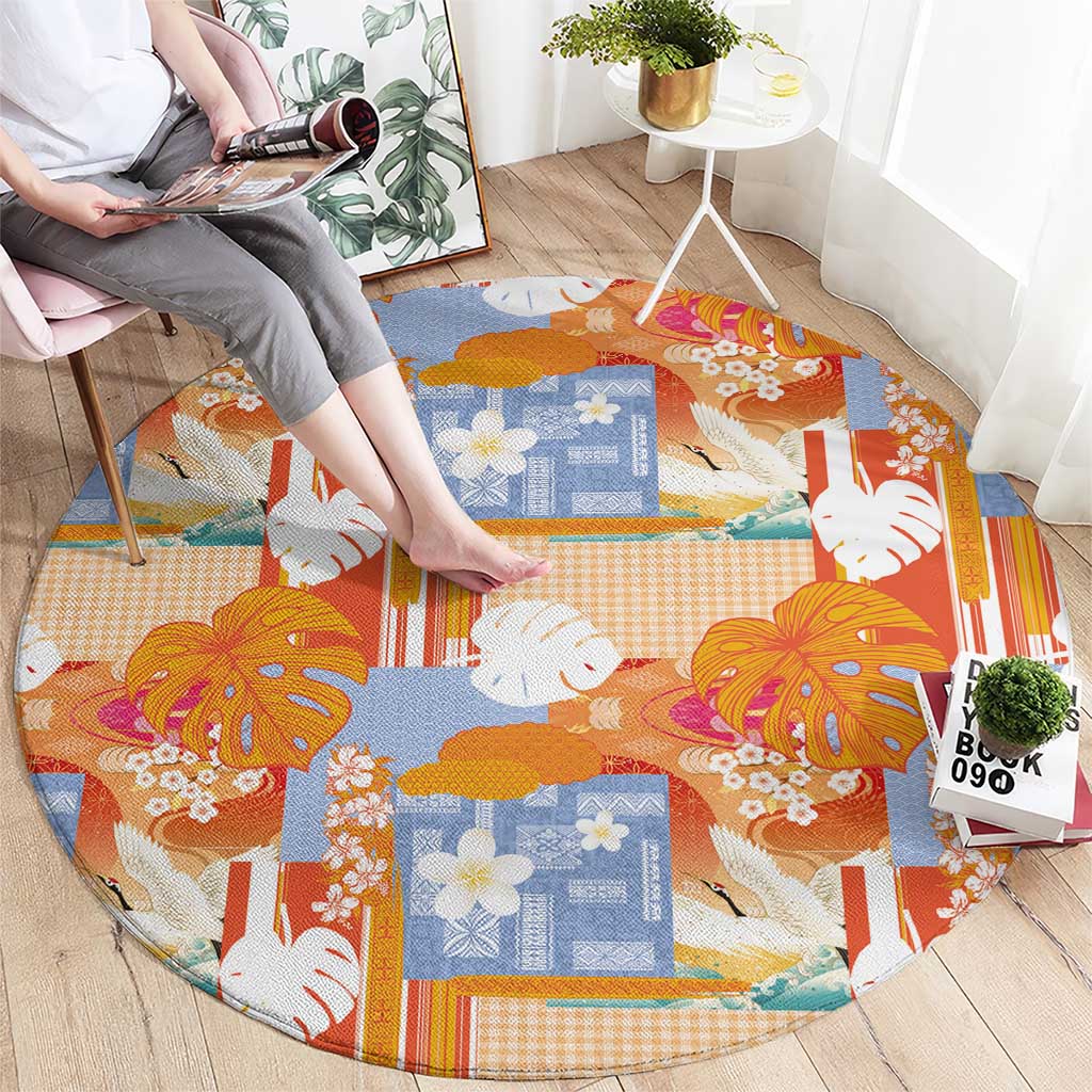 Hawaiian and Japanese Culture Together Round Carpet Palaka Japanese Art and Tropical Motif Tribal Patchwork LT03 - Polynesian Pride
