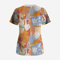 Hawaiian and Japanese Culture Together Scrub Top Palaka Japanese Art and Tropical Motif Tribal Patchwork