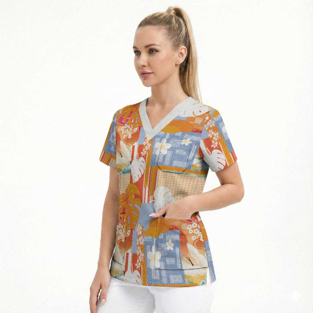 Hawaiian and Japanese Culture Together Scrub Top Palaka Japanese Art and Tropical Motif Tribal Patchwork