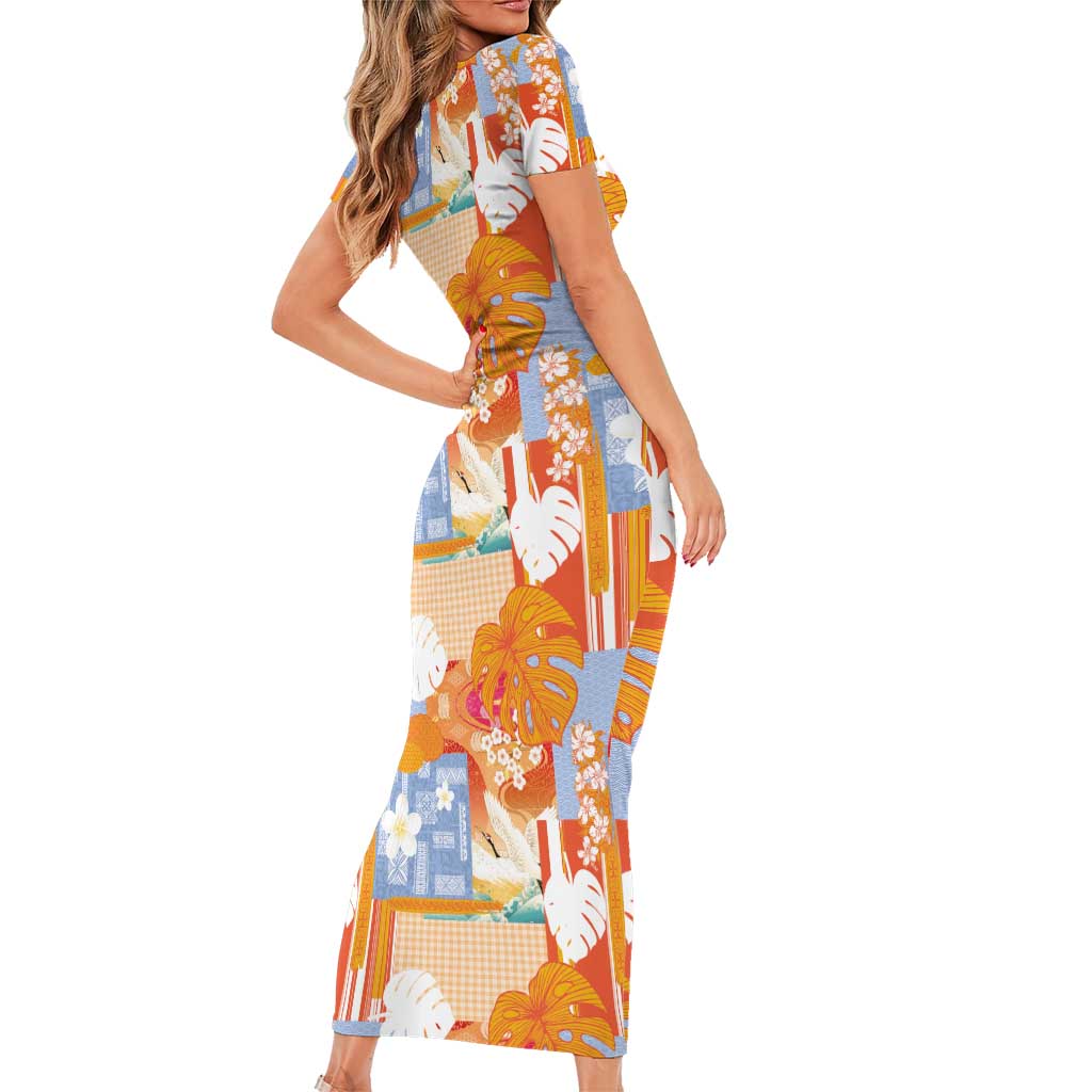 Hawaiian and Japanese Culture Together Short Sleeve Bodycon Dress Palaka Japanese Art and Tropical Motif Tribal Patchwork LT03 - Polynesian Pride
