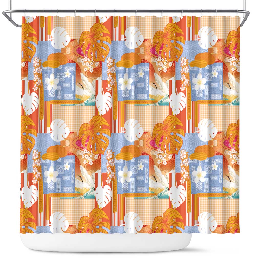Hawaiian and Japanese Culture Together Shower Curtain Palaka Japanese Art and Tropical Motif Tribal Patchwork