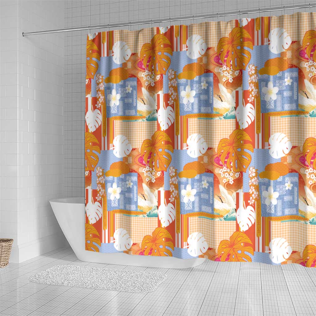 Hawaiian and Japanese Culture Together Shower Curtain Palaka Japanese Art and Tropical Motif Tribal Patchwork LT03 - Polynesian Pride