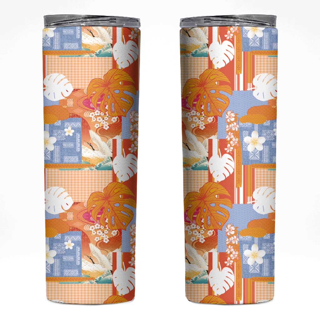 Hawaiian and Japanese Culture Together Skinny Tumbler Palaka Japanese Art and Tropical Motif Tribal Patchwork LT03 Multicolor - Polynesian Pride