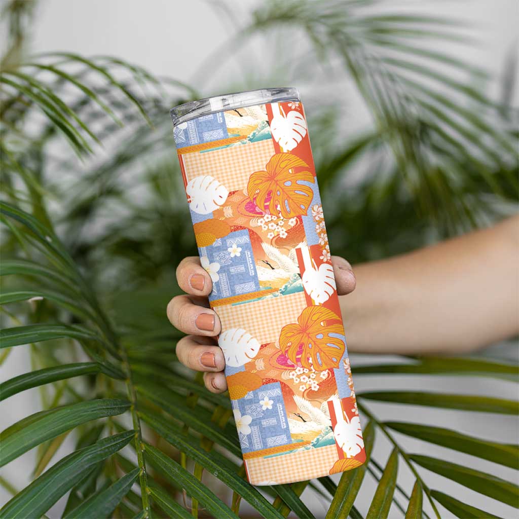 Hawaiian and Japanese Culture Together Skinny Tumbler Palaka Japanese Art and Tropical Motif Tribal Patchwork LT03 - Polynesian Pride