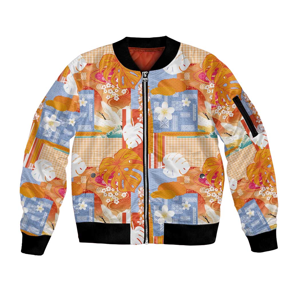 Hawaiian and Japanese Culture Together Sleeve Zip Bomber Jacket Palaka Japanese Art and Tropical Motif Tribal Patchwork LT03 Unisex Multicolor - Polynesian Pride