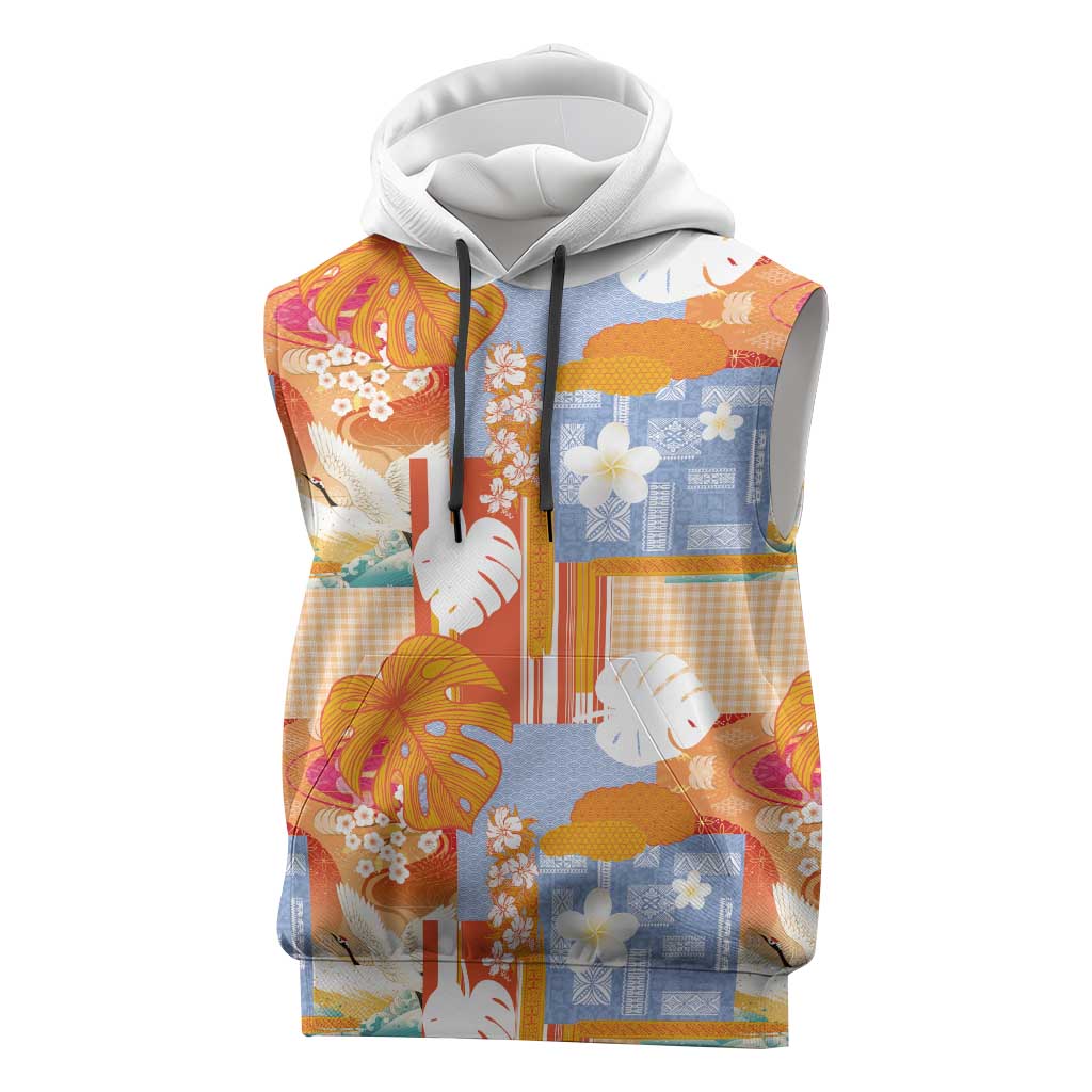 Hawaiian and Japanese Culture Together Sleeveless Hoodie Palaka Japanese Art and Tropical Motif Tribal Patchwork