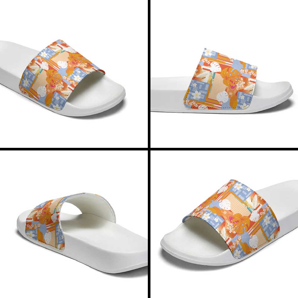 Hawaiian and Japanese Culture Together Slide Sandals Palaka Japanese Art and Tropical Motif Tribal Patchwork LT03 - Polynesian Pride