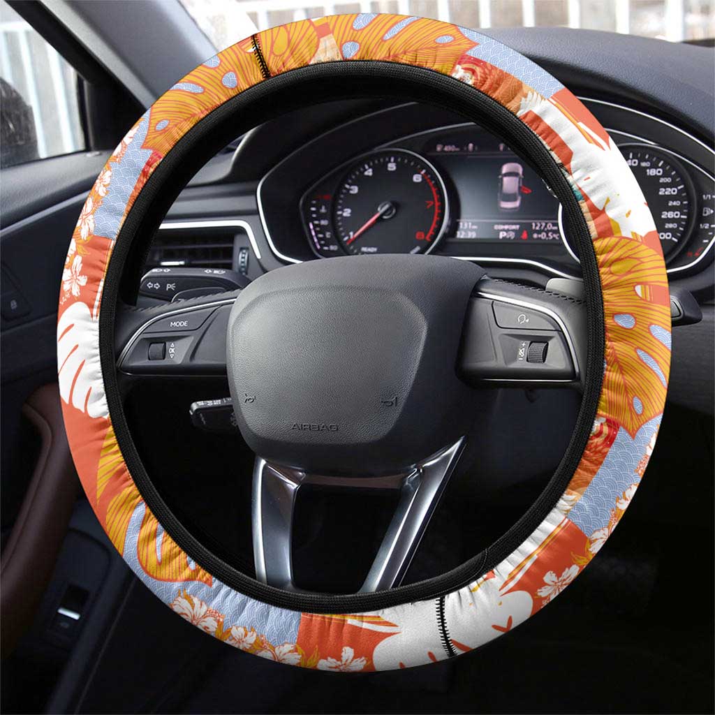 Hawaiian and Japanese Culture Together Steering Wheel Cover Palaka Japanese Art and Tropical Motif Tribal Patchwork LT03 - Polynesian Pride