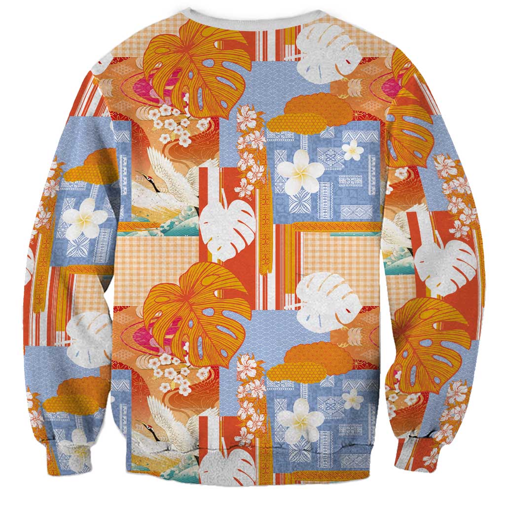 Hawaiian and Japanese Culture Together Sweatshirt Palaka Japanese Art and Tropical Motif Tribal Patchwork