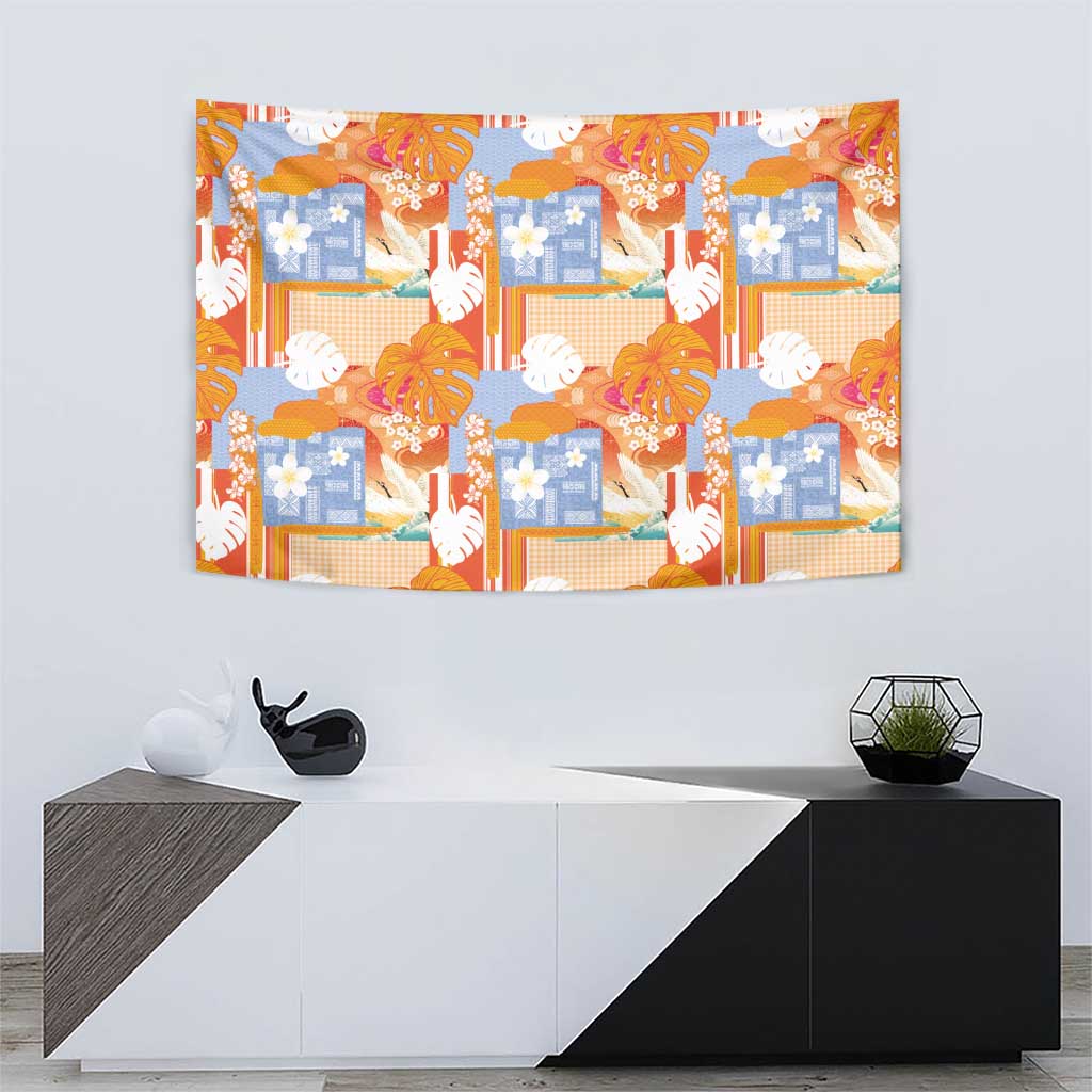 Hawaiian and Japanese Culture Together Tapestry Palaka Japanese Art and Tropical Motif Tribal Patchwork