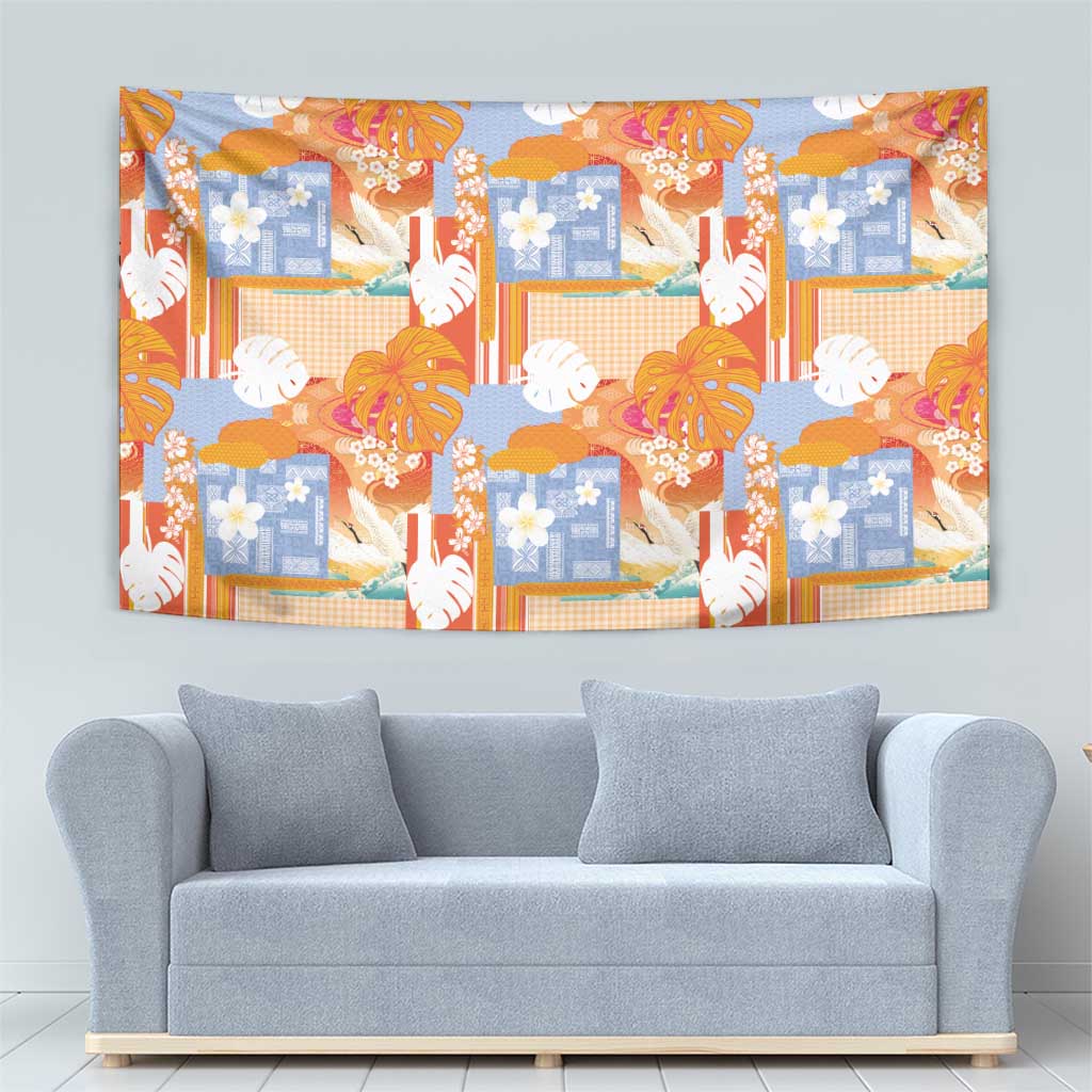 Hawaiian and Japanese Culture Together Tapestry Palaka Japanese Art and Tropical Motif Tribal Patchwork