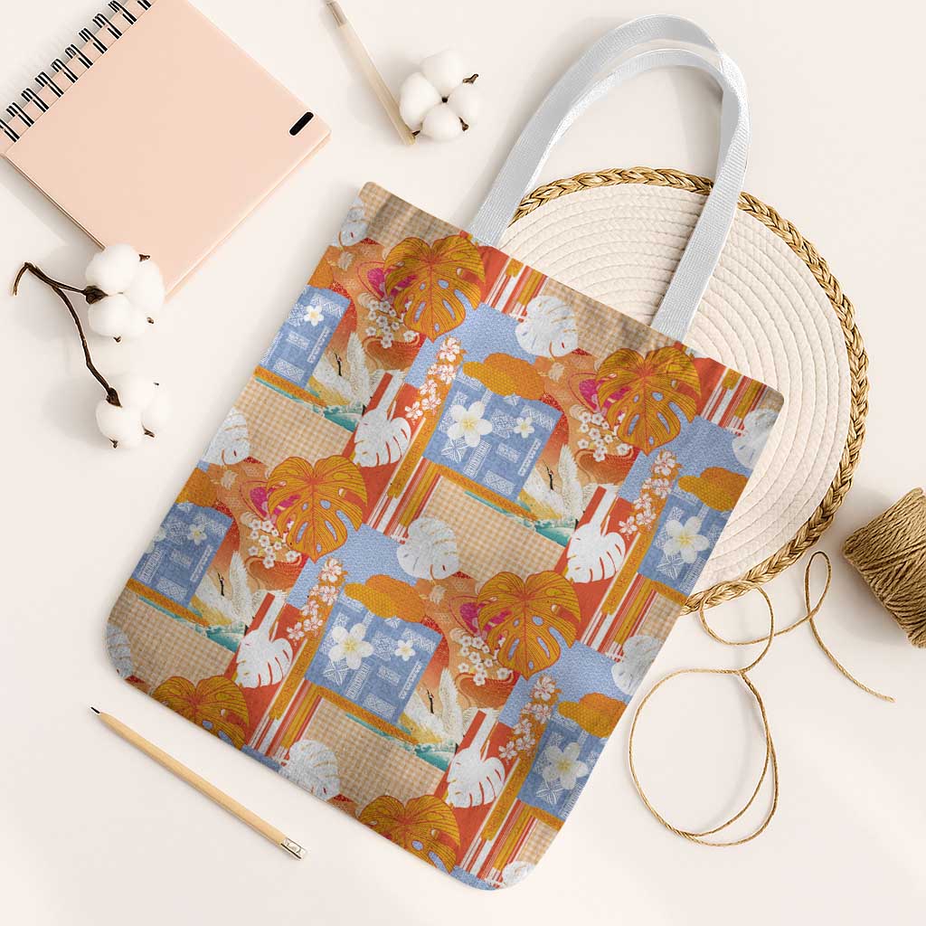 Hawaiian and Japanese Culture Together Tote Bag Palaka Japanese Art and Tropical Motif Tribal Patchwork LT03 White Strap One Size Multicolor - Polynesian Pride